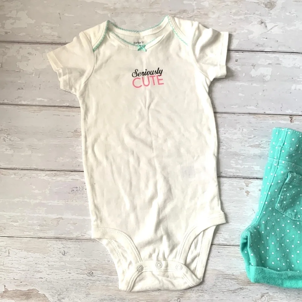 Carters 18m Baby Girl Summer Outfit Teal Polka Dot Shorts White Onesie Kids